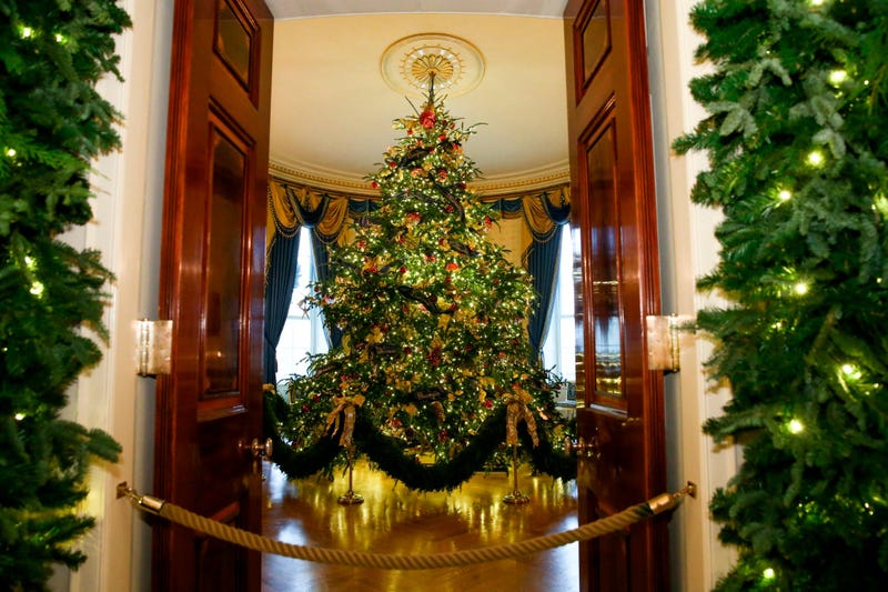 Christmas decor adorns Blue Room of the White House on Nov. 26, 2018 in Washington, D.C.
