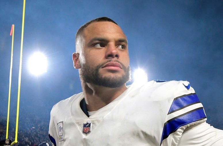 Dallas Cowboys quarterback Dak Prescott (4) walks off the field after a 30-22 loss against the Los Angeles Rams in the NFL Divisional Round at the Los Angeles Memorial Coliseum on Saturday, Jan. 12, 2019.