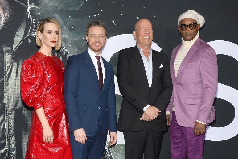 (L-R) Sarah Paulson, James McAvoy, Bruce Willis and Samuel L. Jackson attend the GLASS premiere at The SVA Theatre in New York, NY, January 15, 2019