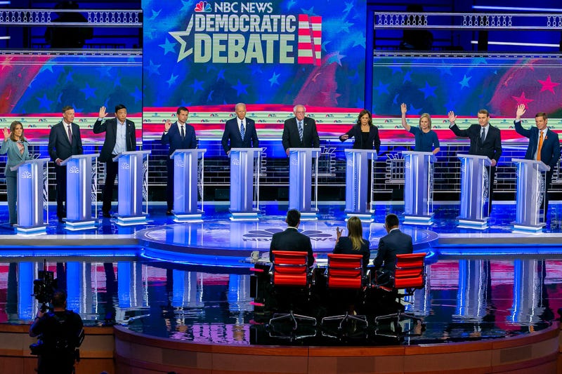 Democratic presidential candidates on stage during the second night of the first Democratic presidential debate on Thursday, June 27, 2019, at the Arsht Center for the Performing Arts in Miami. 