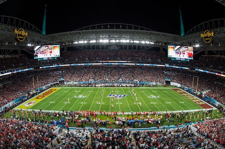 Super Bowl LIV, Kansas City Chiefs, San Francisco 49ers, Hard Rock Stadium in Miami Gardens, Field, Crowd, Super Bowl 54