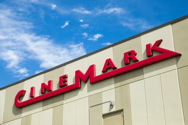 logo sign outside of a Cinemark movie theater location in Chesapeake, Virginia on May 2, 2020.