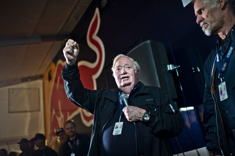 Capcom 1 USAF Col (ret) Joe Kittinger talks at a briefing prior to the final manned flight of Red Bull Stratos in Roswell, New Mexico in 2012.