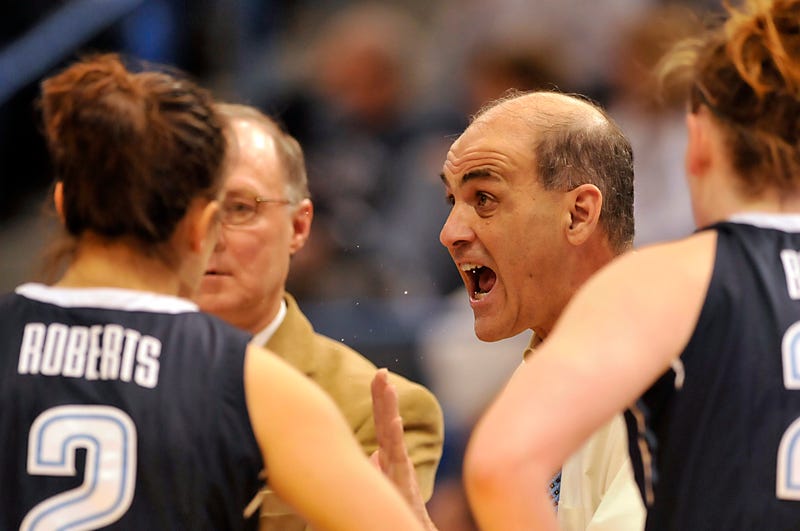 Villanova head coach Harry Perretta tries to rally his players during the first half in Hartford, Connecticut, Tuesday, January 29, 2013.