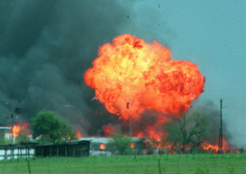 A ball of fire erupts from the Branch Davidian compound in Waco, Texas, on April 19, 1993.
