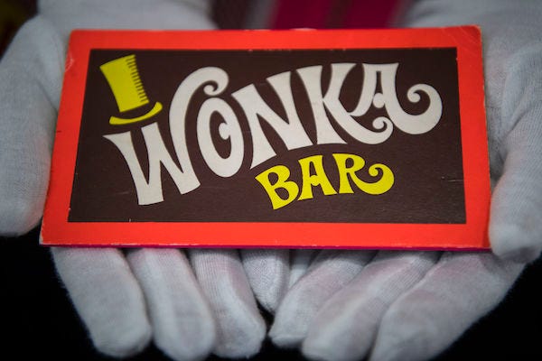 A Wonka Bar from Willy Wonka and the Chocolate Factory at the Prop Store film memorabilia exhibition at the BFI IMAX at Waterloo in central London