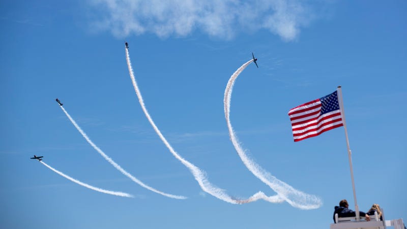Planes of GEICO Skytypers perform during the 16th annual Bethpage Air Show over Jones Beach in New York, the United States, May 25, 2019