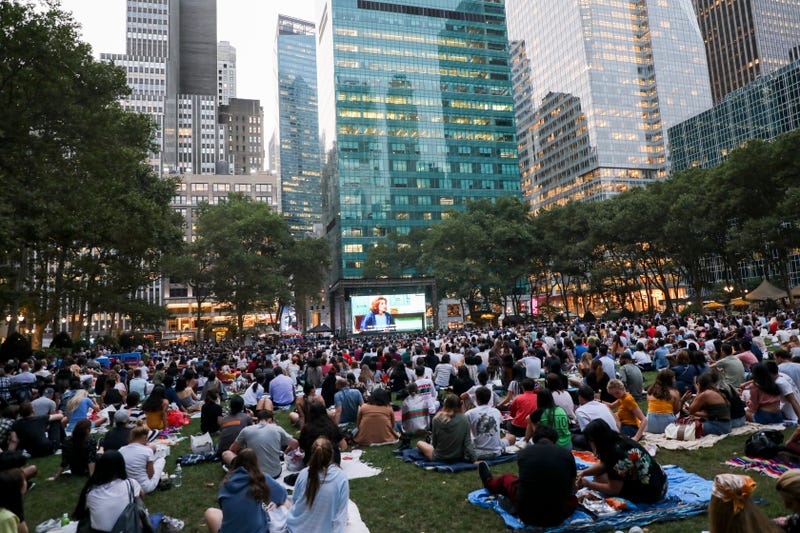 An outdoor movie screening in a New York City park