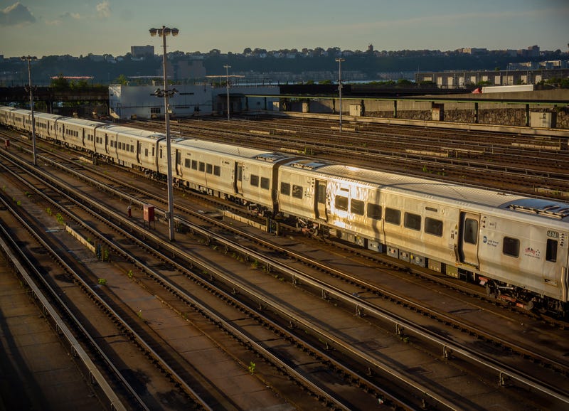 Trains on lay-ups and empty tracks in the Hudson Yards leading into Penn Station.
