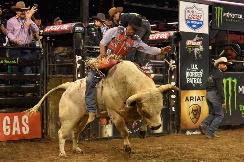 Alisson De Souza rides Sniper during the Professional Bull Riders 2020 Season Launch at Madison Square Garden in New York City. 