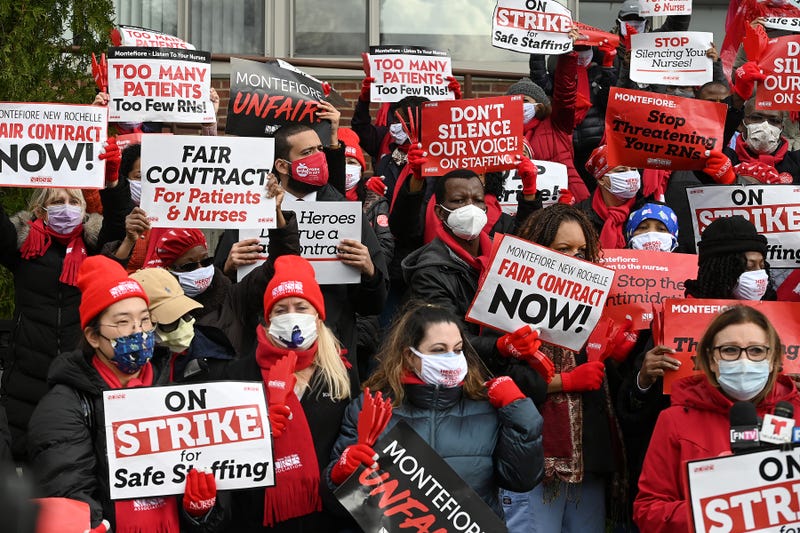 Nurses from Montefiore New Rochelle Hospital stage a 2-day strike to protest working conditions, staffing shortage and lack of contract amid a resurgence of COVID-19 inflections, outside of the Schaffer Extended Care Center at Montefiore New Rochelle Hospital, in New Rochelle, NY, December 1, 2020