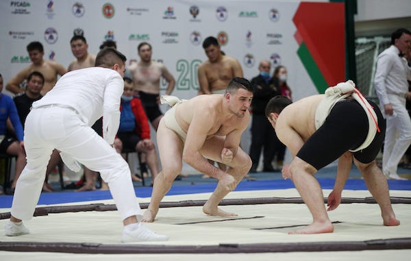 Sumo wrestlers in their men's match at the 2021 Russian Sumo Championship