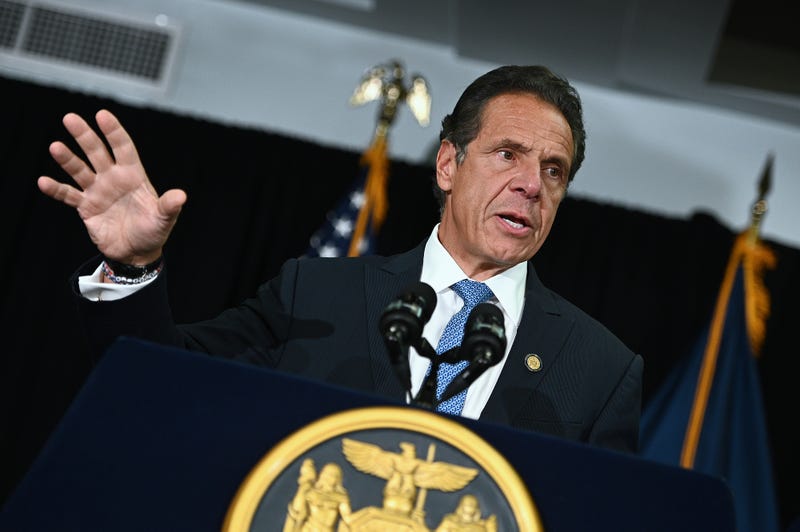 New York Gov. Andrew Cuomo (l) speaks to the media accompanied by Brooklyn Borough President and Democratic nominee for mayor of New York City Eric Adams during a news conference held at Lenox Road Baptist Church in the Brooklyn borough of New York City, NY, July 14, 2021.