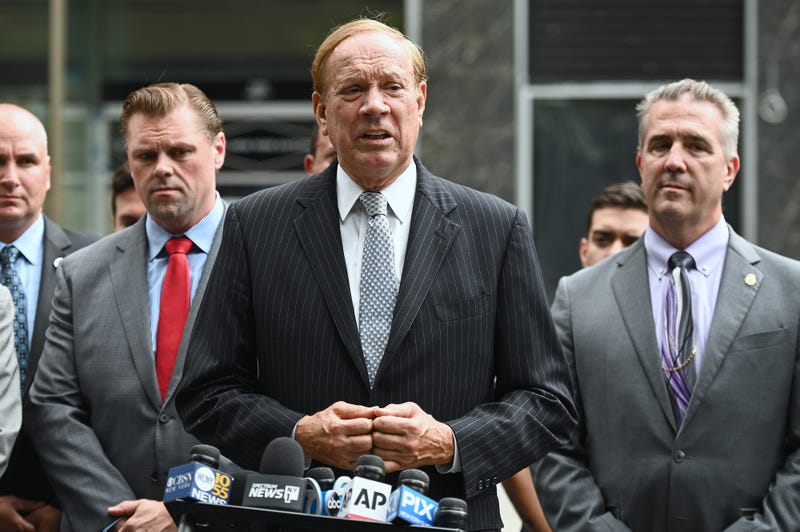 Former New York Gov. George Pataki, joined by Fire Union officials, speaks at press conference near Ground Zero regarding the continued health issues affecting first responders who helped in the rescue efforts at the World Trade Center after the 9/11 attacks on the twin towers, New York, NY, September 8, 2021.