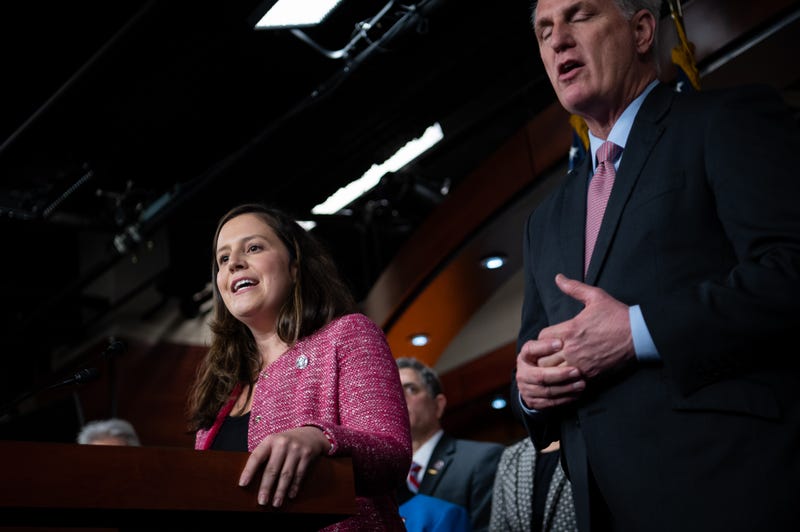 Representative Elise Stefanik (R-N.Y.) and Representative Kevin McCarthy (R-CA), the House Minority Leader, respond to a reporter’s question, during a House Republican Conference press conference, at the U.S. Capitol, in Washington, D.C., on Thursday, January 20, 2022. 