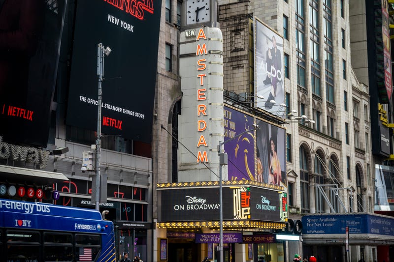 The marquee of Disney’s New Amsterdam theater in New York on Feb. 16, 2022