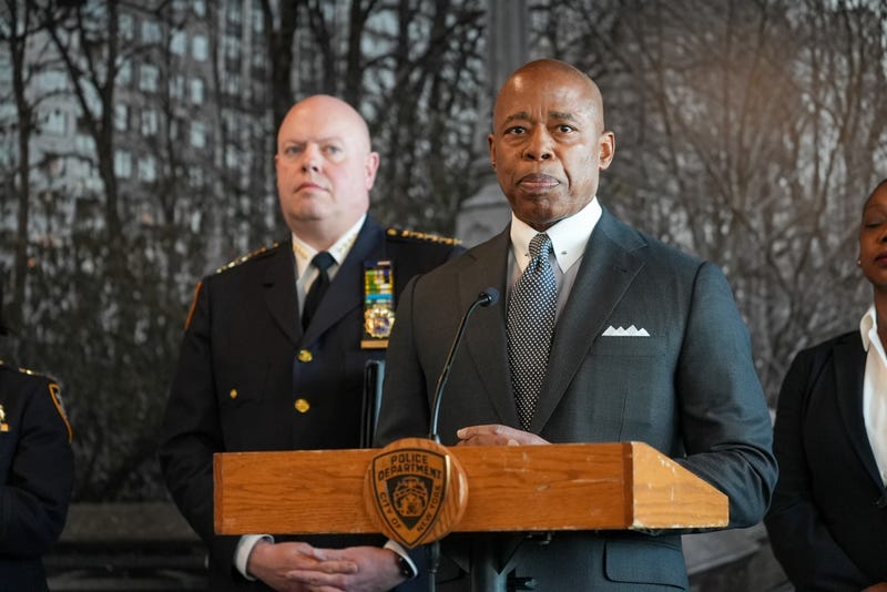 Mayor Eric Adams briefs the media regarding the rollout of the Neighborhood Safety Teams in Queens, New York.