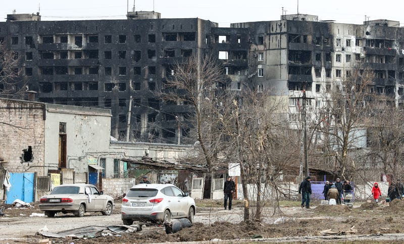 Heavily damaged buildings in the besieged city of Mariupol on March 17, 2022