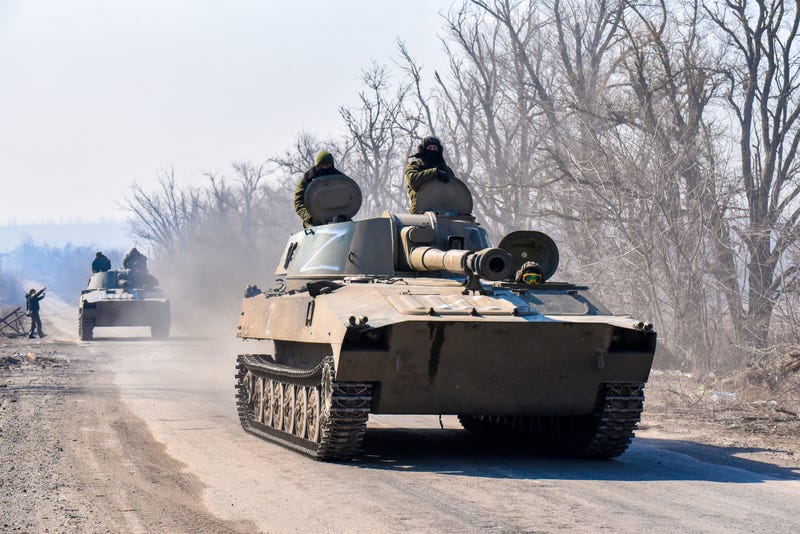 Tanks on a road between the villages of Sopino and Bezymennyoye in the Donetsk region of Ukraine on March 21, 2022