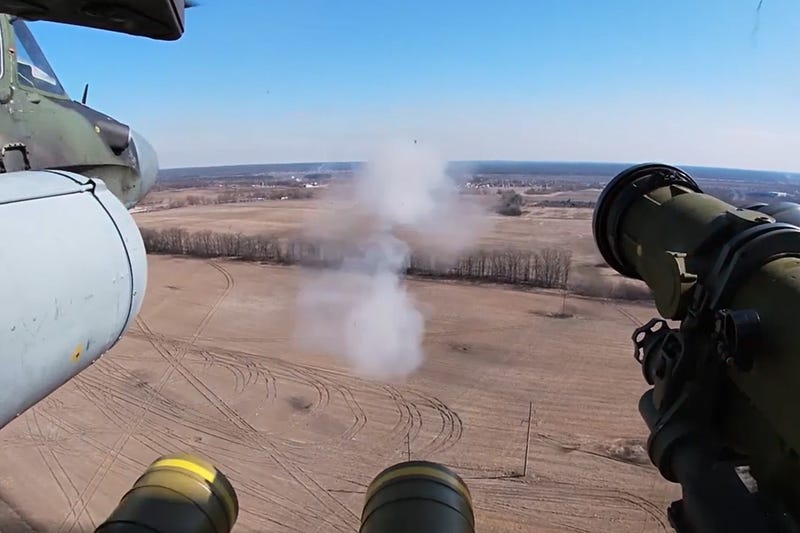 A Kamov Ka-52 helicopter of the Russian Aerospace Forces carries out air strikes on a weapons depot of the Armed Forces of Ukraine