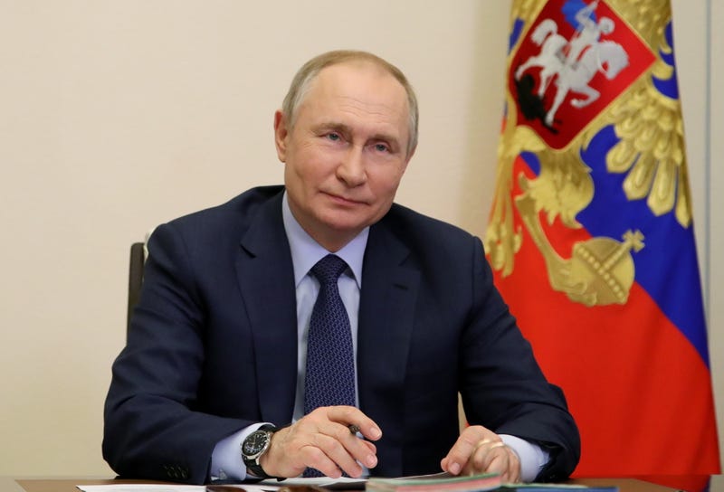 Russia's President Vladimir Putin holds a meeting via video link from the Moscow Kremlin with winners of the 2021 presidential prizes for young culture professionals on March 25, 2022
