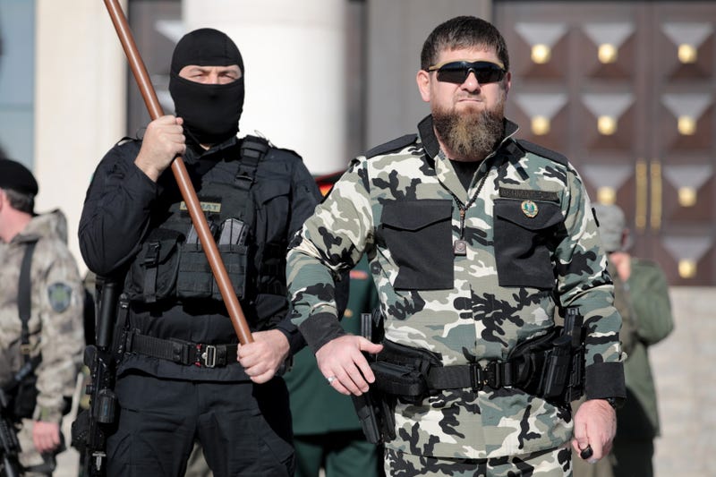 Ramzan Kadyrov (R), head of the Chechen Republic, conducts a review of the Chechen Republic's troops and military hardware at his residence in Grozny, Russia, on March 29, 2022