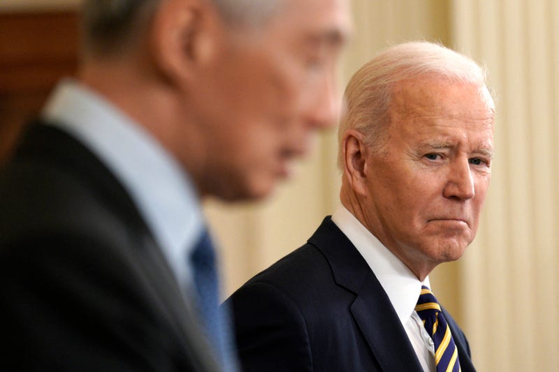 President Joe Biden and Prime Minister Lee Hsien Loong of Singapore make a joint press statement after their meeting at the White House in Washington on March 29, 2022