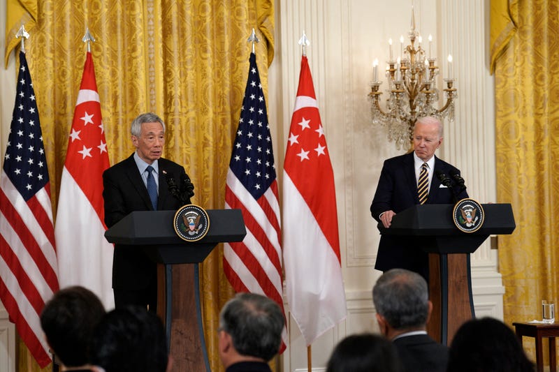 President Joe Biden and Prime Minister Lee Hsien Loong of Singapore make a joint press statement after their meeting at the White House in Washington on March 29, 2022.