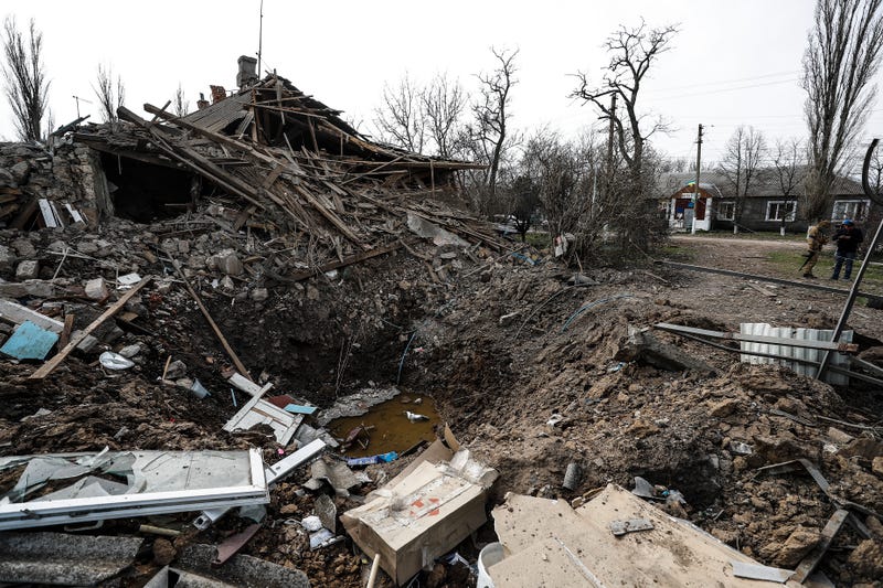 View of the debris after a heavy attack over Shevchenkove, about 10 km from Mykolaiv, Ukraine, on March 31, 2022