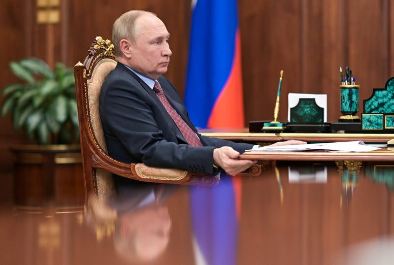 Russia's President Vladimir Putin is seen during a meeting with Dagestan head Melikov at the Kremlin in Moscow on April 6, 2022