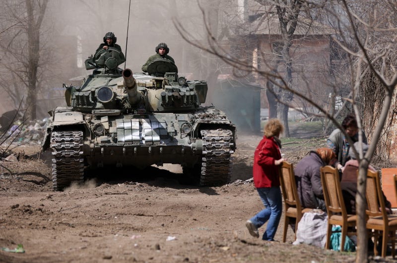 A Russian tank is seen in a street in the city of Mariupol on April 10, 2022