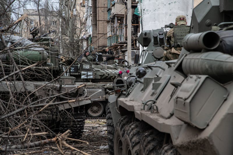 Russian armor gathers in eastern Mariupol for an assault on the Azovstal plant where fierce fighting continues, on April 18, 2022.