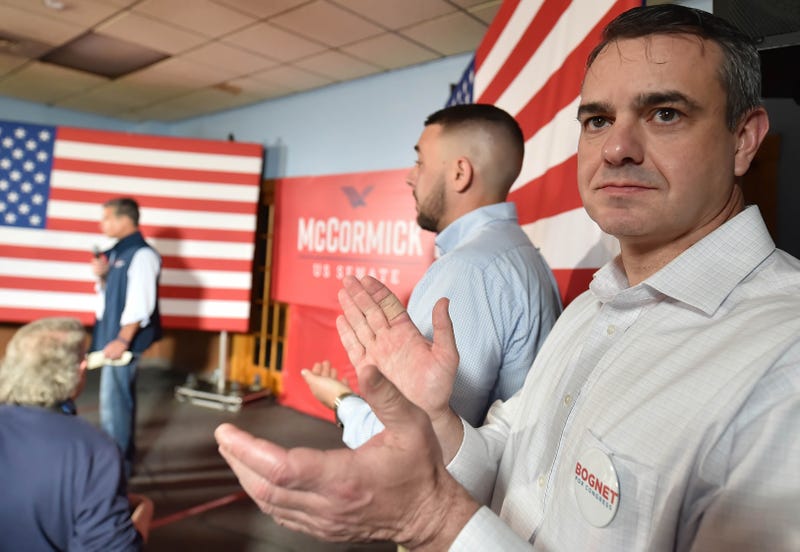 Congress hopeful Jim Bognet claps for Dave McCormick. Texas Senator Ted Cruz is touring Pennsylvania with Senate hopeful Dave McCormick.