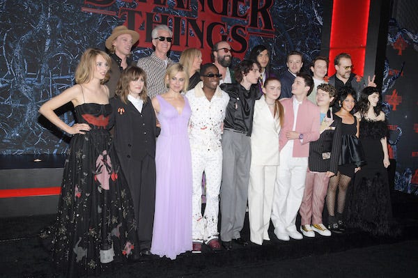 Jamie Campbell Bower, Matthew Modine, Millie Bobby Brown, Brett Gelman, Eduardo Franco, Joseph Quinn, Charlie Heaton, David Harbour, (Bottom Row L-R) Maya Hawke, Winona Ryder, Cara Buono, Caleb Mclaughlin, Finn Wolfhard, Sadie Sink, Noah Schnapp, Gaten Matarazzo, Priah Ferguson, and Natalia Dyer attend Netflix's "Stranger Things" Season 4 New York Premiere at Netflix Brooklyn in New York, NY, May 14, 2022.