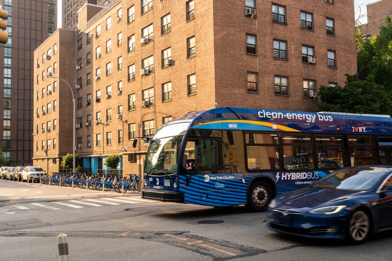 A NYCTA bus passes the NYCHA Fulton Houses complex of apartments in Chelsea in New York on Sunday, May 22, 2022. (ÂPhoto by Richard B. Levine)