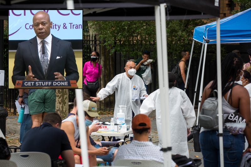 People wait to be vaccinated at a monkeypox vaccination site in New York City this month. Inset: Mayor Eric Adams at a press conference Thursday