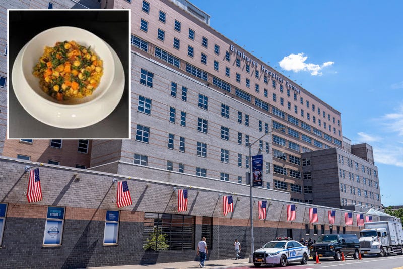 NYC Health + Hospitals/Elmhurst in Queens. Inset: One of the new plant-based menu items, “Moroccan Root Vegetable Tagine with Tricolor Couscous.”