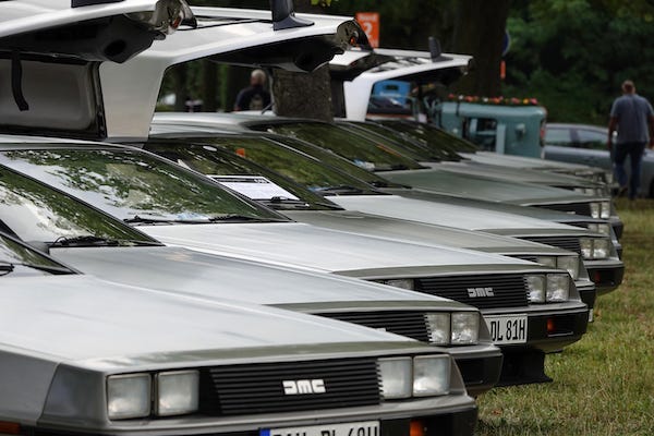 Several of the DeLorean DMC-12s familiar from the "Back to the Future" film series are on display at the "Classic Days"