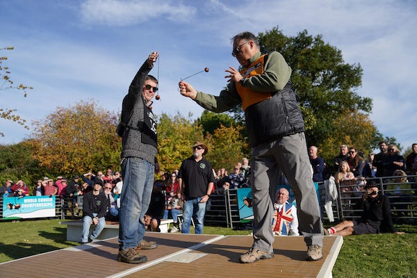 Amending spelling of name to Randy Topolnitsky Randy Topolnitsky, from Calgary in Canada, takes the winning shot in the men's competition during the annual World Conker Championships at the Shuckburgh Arms in Southwick, Peterborough