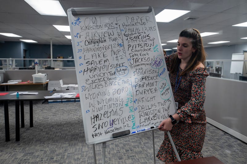 Deputy Election Director of Luzerne County, Beth Gilbert McBride moves a whiteboard behind a glass divider with the names of over 30 voting precincts that ran out of ballot paper. Paper needed to be shipped in from New York and voting places will remain open an extra 2 hours. Mid-day during the elections, polling places in Luzerne County started running out of ballot papers, the situation was brought before a judge and the decision to extend voting for two hours was made. ballot Papers needed to be ordered from New York and was delivered. (Photo by Aimee Dilger / SOPA Images/Sipa USA)