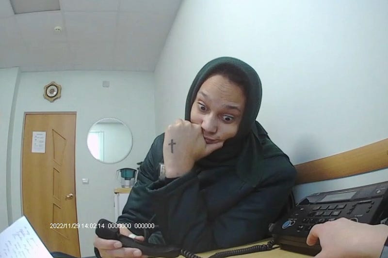 Brittney Griner reacts to a phone call at Women's Penal Colony No. 2 on Nov. 29, 2022