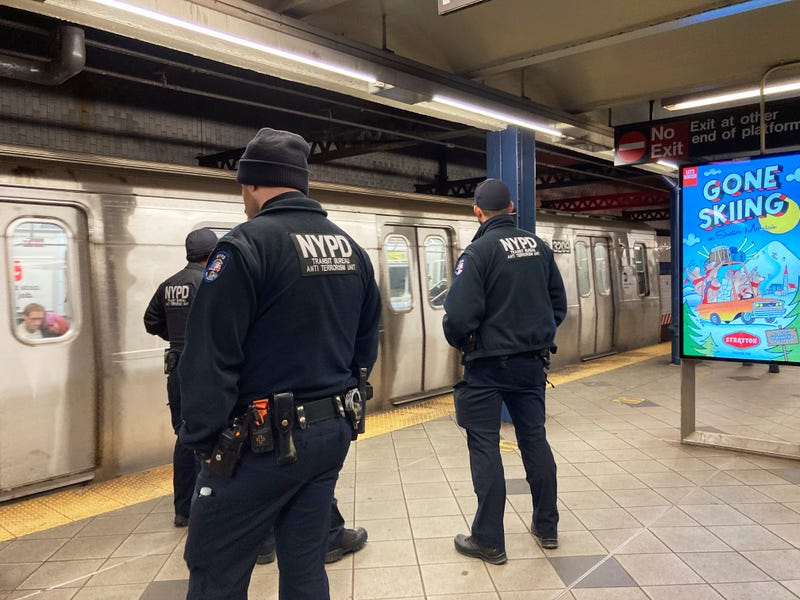 NYPD officers in the Columbus Circle–59th Street station in the subway in New York on Wednesday, December 14, 2022. 