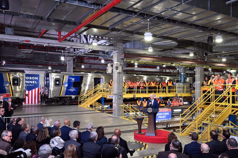 President Joe Biden speaks on the Gateway project during a visit to the West Side rail yard at Hudson Yards on Jan. 31, 2023