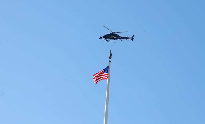 A helicopter over Lower Manhattan on March 20, 2023