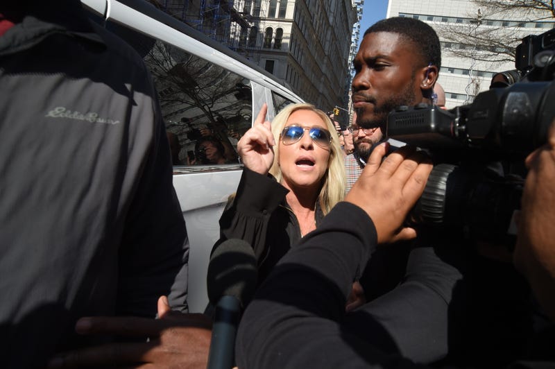 Rep. Marjorie Taylor Greene, of Georgia, arrives at Collect Pond Park to protest the arraignment of Donald Trump at nearby Manhattan Criminal Court
