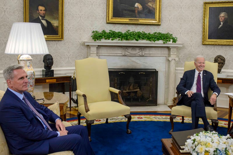 Speaker of the House Kevin McCarthy, R-CA, House Minority Leader Hakeem Jeffries, D-NY, Senate Majority Leader Chuck Schumer, D-NY, and Senate Minority Leader Mitch McConnell, R-KY, meet with President Joe Biden in the Oval Office to discuss the debt limit at the White House in Washington, DC on Tuesday, May 9, 2023.