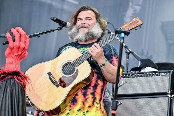 Jack Black with Tenacious D performing live on stage during Hellfest Open Air Festival in Clisson, France on June 18, 2023