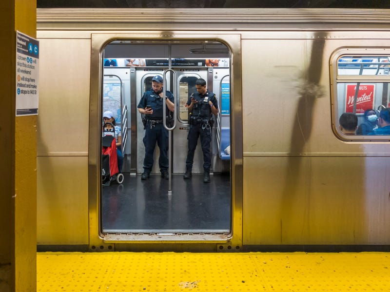 NYPD officers on a C train in the subway on June 17, 2023