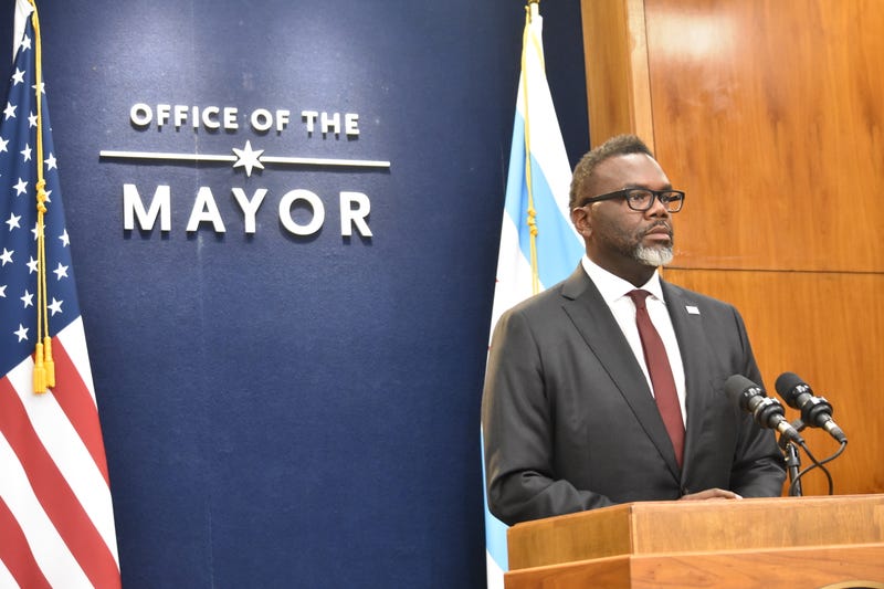 Mayor Brandon Johnson delivers remarks at a press conference in August 2023.