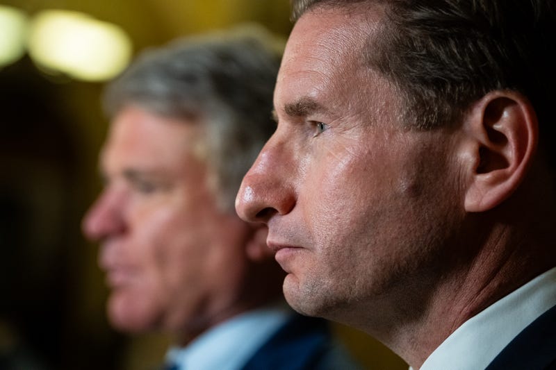 Representative Dean Philips (D-MN) and Representative Michael McCaul (R-TX) during a television interview at the U.S. Capitol, in Washington, D.C., on Thursday, September 28, 2023. (Graeme Sloan/Sipa USA)